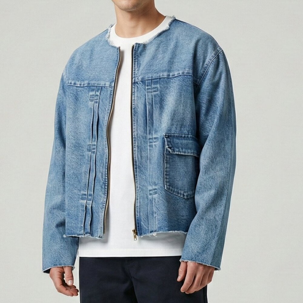 TANAKA Denim Work Jacket No Collar Raw Hem Zip Blue Mid Washed Unisex
